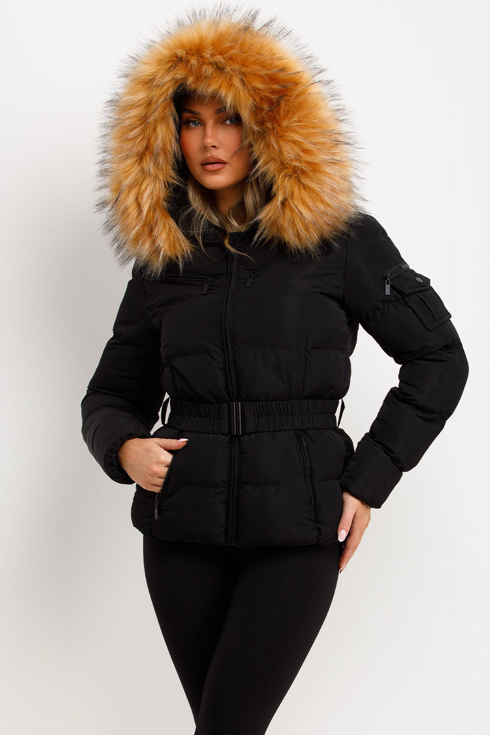 Lucille | Women’s belted faux fur hooded puffer jacket