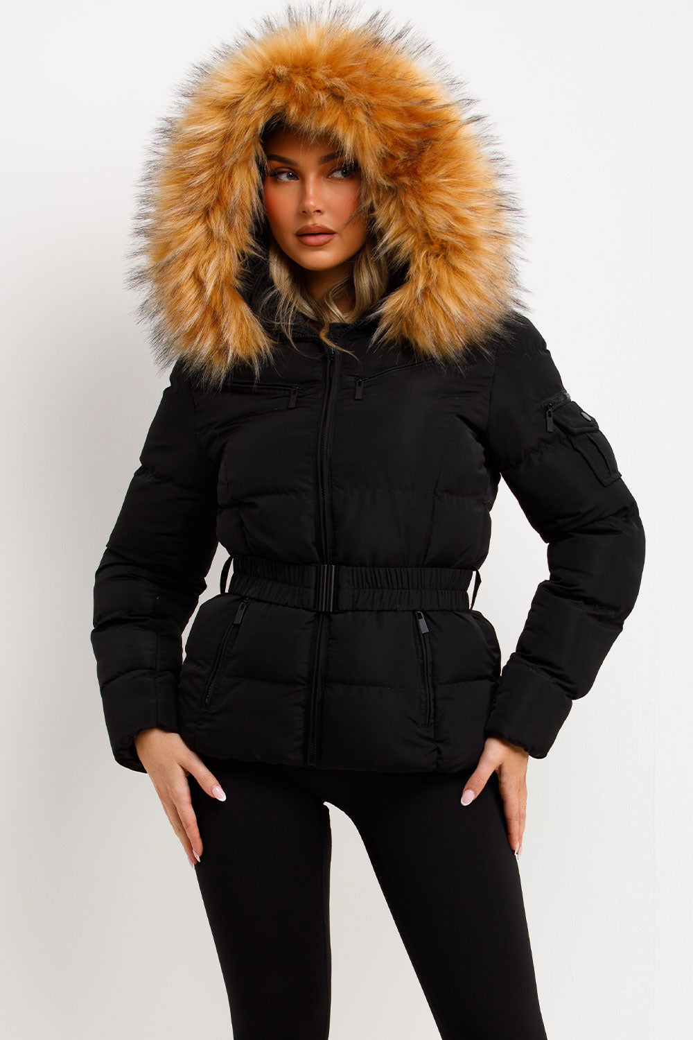 Lucille | Women’s belted faux fur hooded puffer jacket