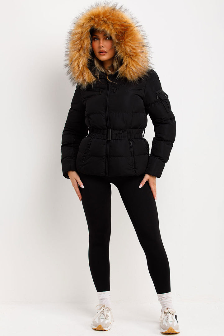 Lucille | Women’s belted faux fur hooded puffer jacket