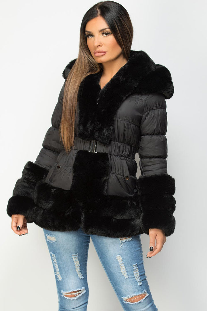 Estelle | Women’s luxe faux fur trim belted puffer jacket