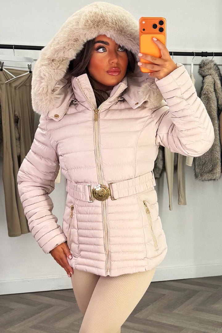 Penny | Women’s faux fur hooded puffer jacket with gold belt