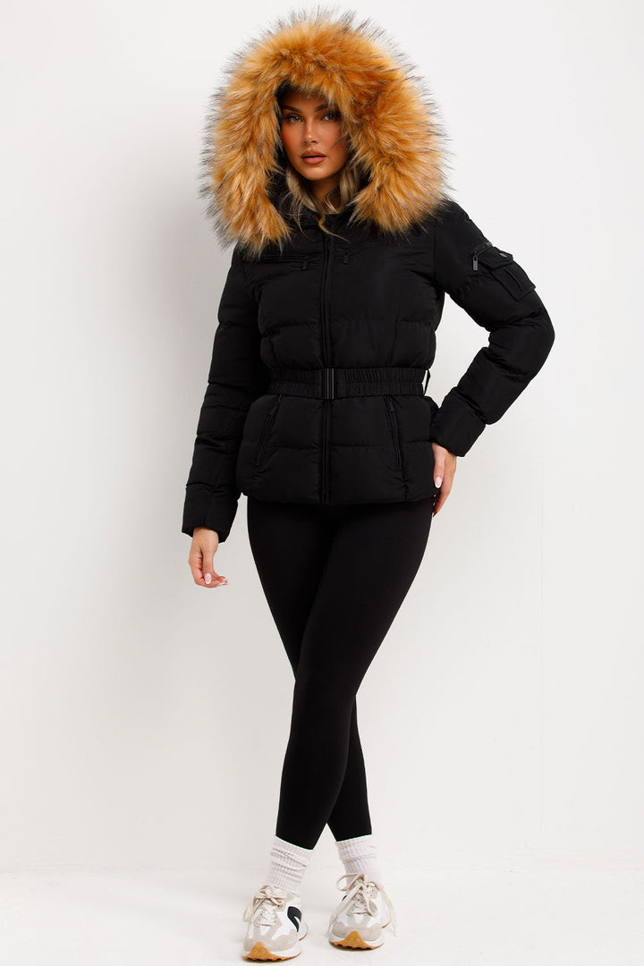 Lucille | Women’s belted faux fur hooded puffer jacket