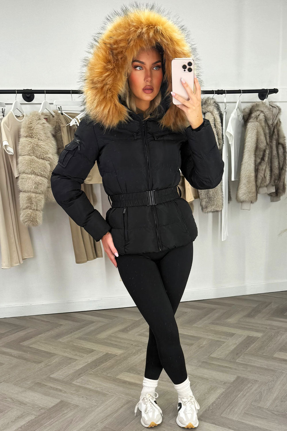 Lucille | Women’s belted faux fur hooded puffer jacket