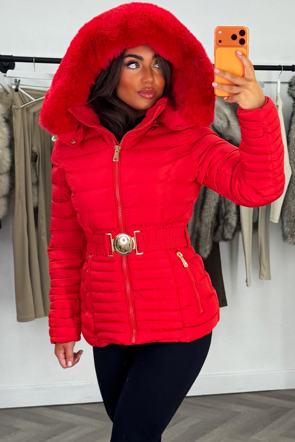 Megan | Women’s faux fur hooded puffer jacket with belt