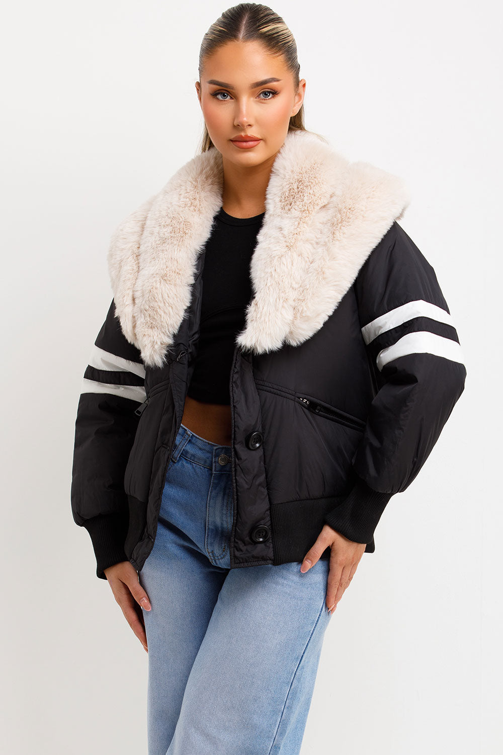 Zora | Women’s faux fur collar aviator bomber jacket
