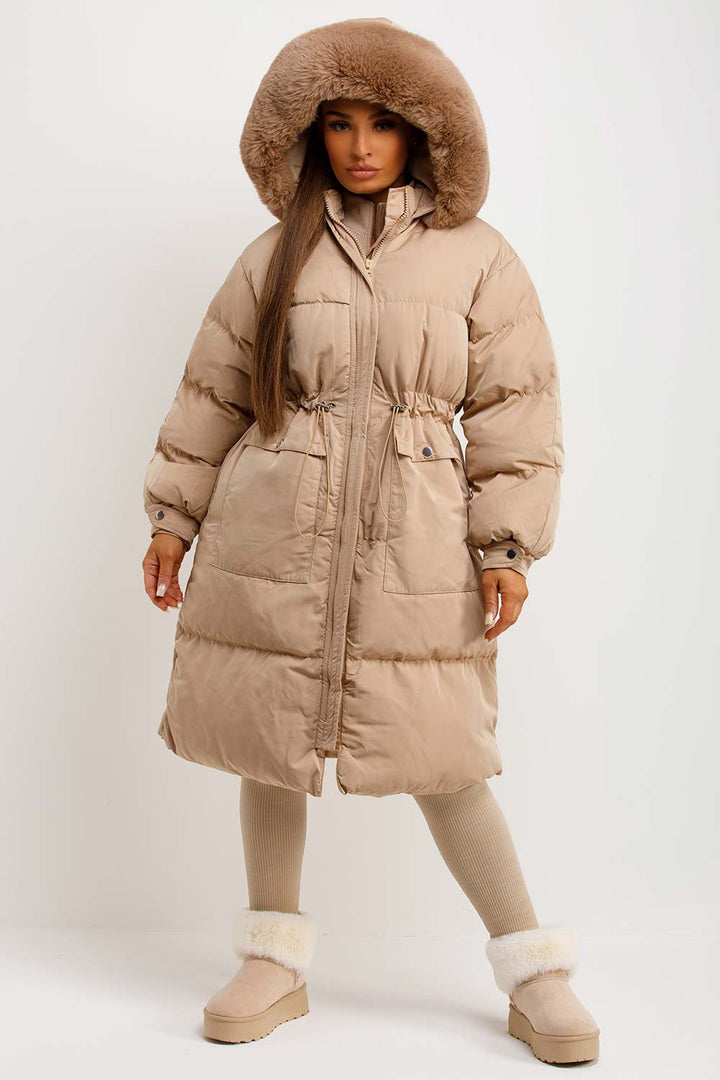 Jolie | Women's longline puffer coat with premium faux fur hood