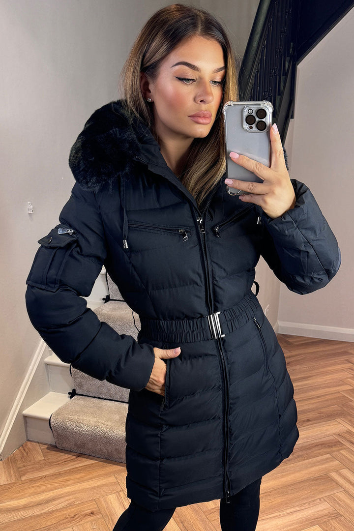 Madelyn | Women’s belted long puffer coat with faux fur hood
