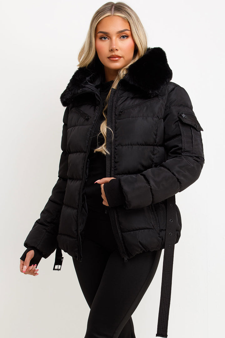 Jane | Women’s belted faux fur hooded puffer jacket