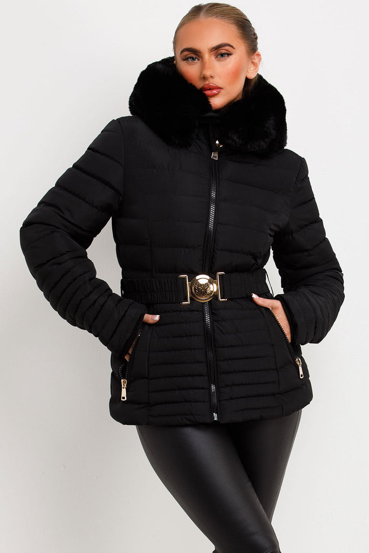 Ariel | Women’s faux fur hooded puffer jacket with gold belt