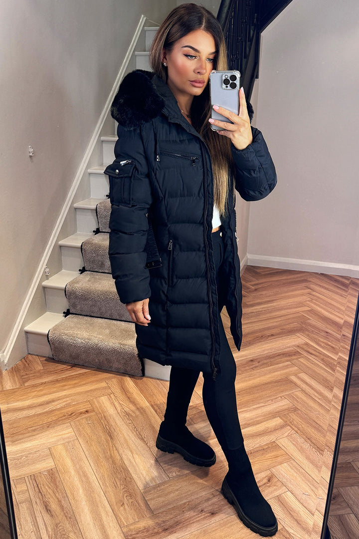 Madelyn | Women’s belted long puffer coat with faux fur hood
