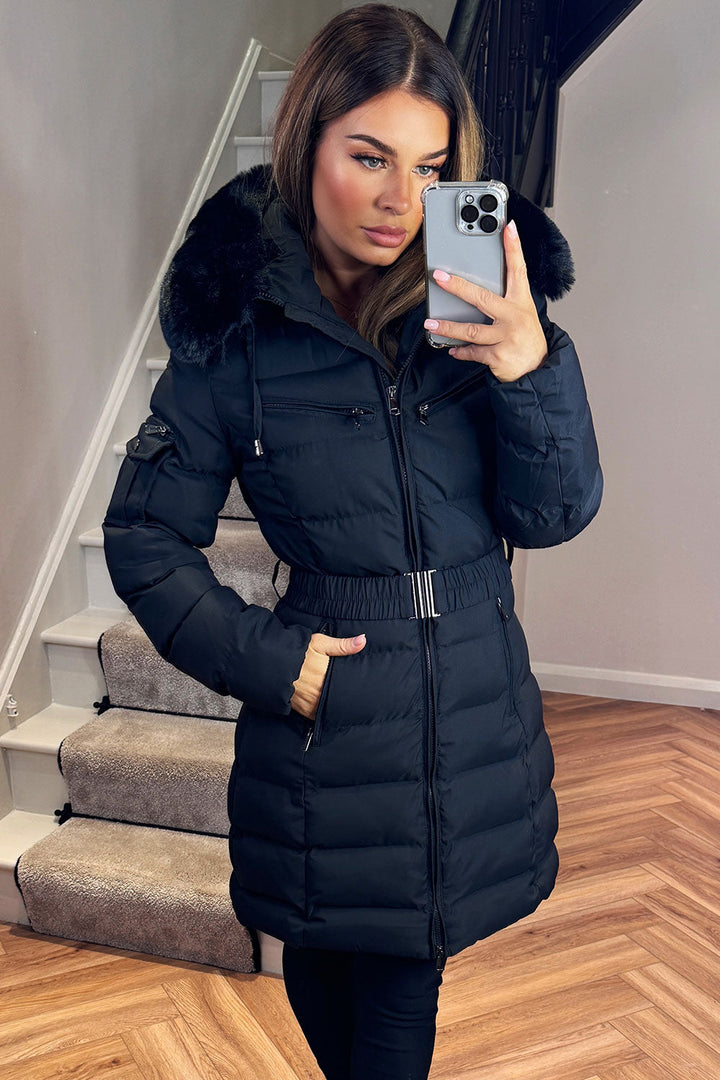 Madelyn | Women’s belted long puffer coat with faux fur hood
