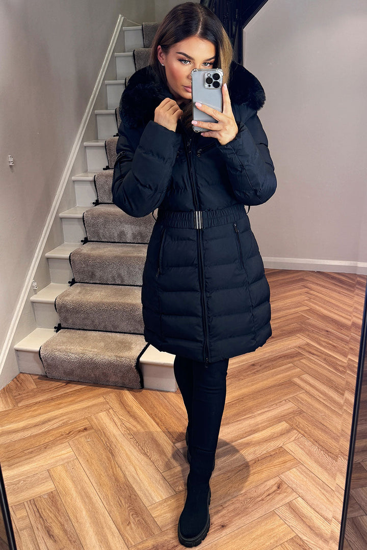 Madelyn | Women’s belted long puffer coat with faux fur hood