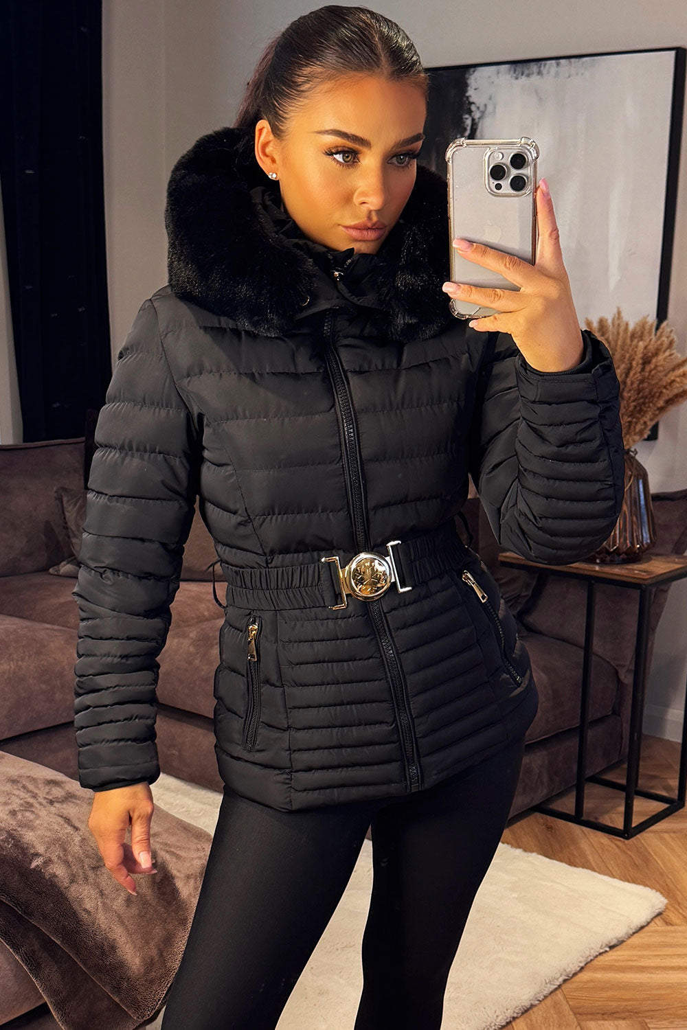 Ariel | Women’s faux fur hooded puffer jacket with gold belt