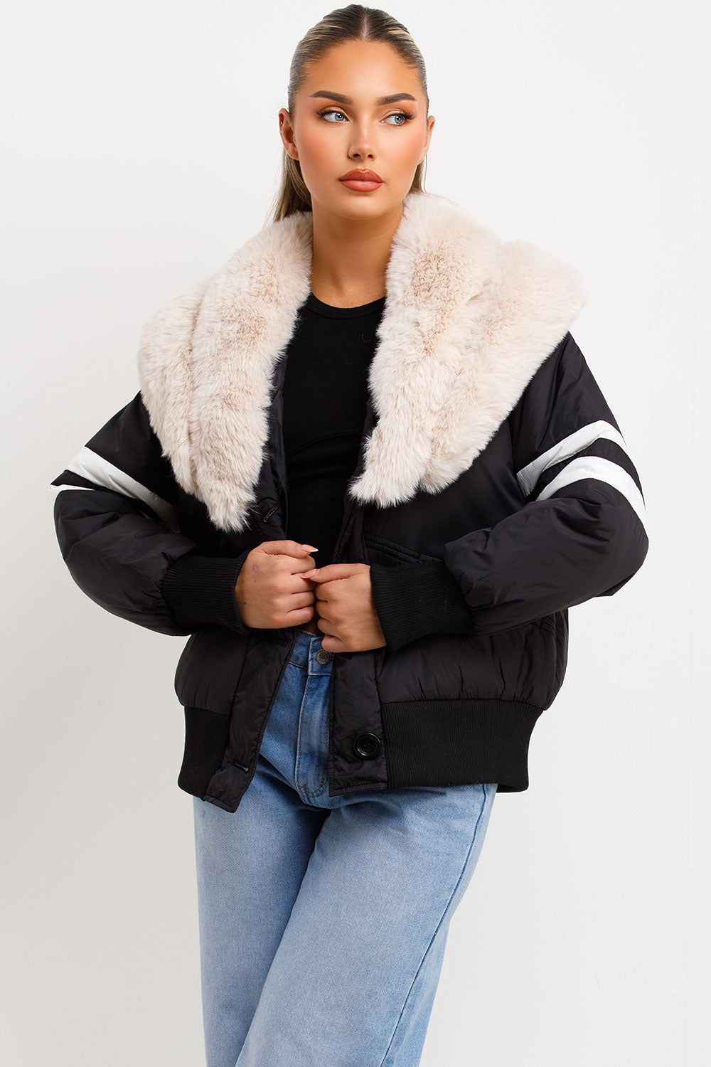 Zora | Women’s faux fur collar aviator bomber jacket