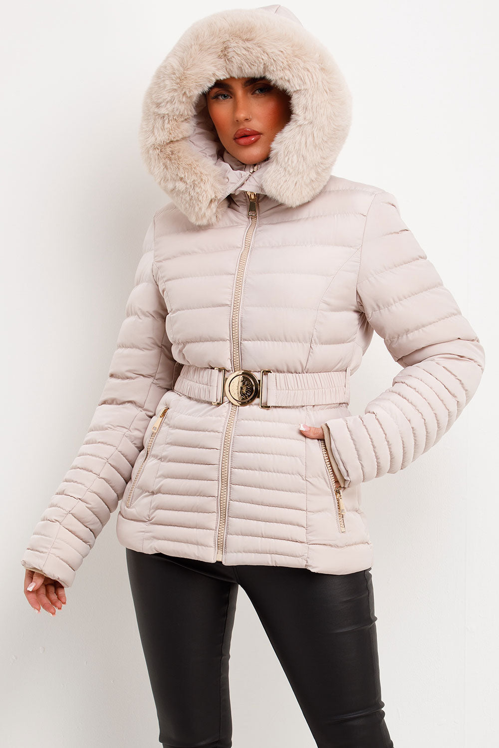 Penny | Women’s faux fur hooded puffer jacket with gold belt