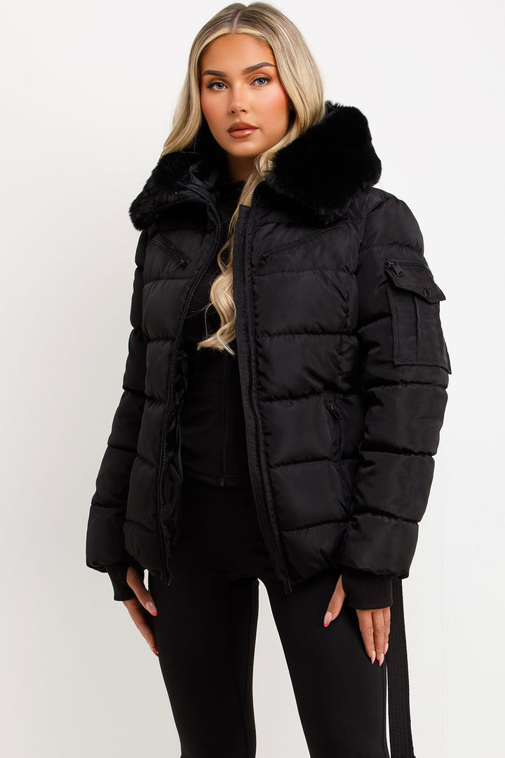 Jane | Women’s belted faux fur hooded puffer jacket