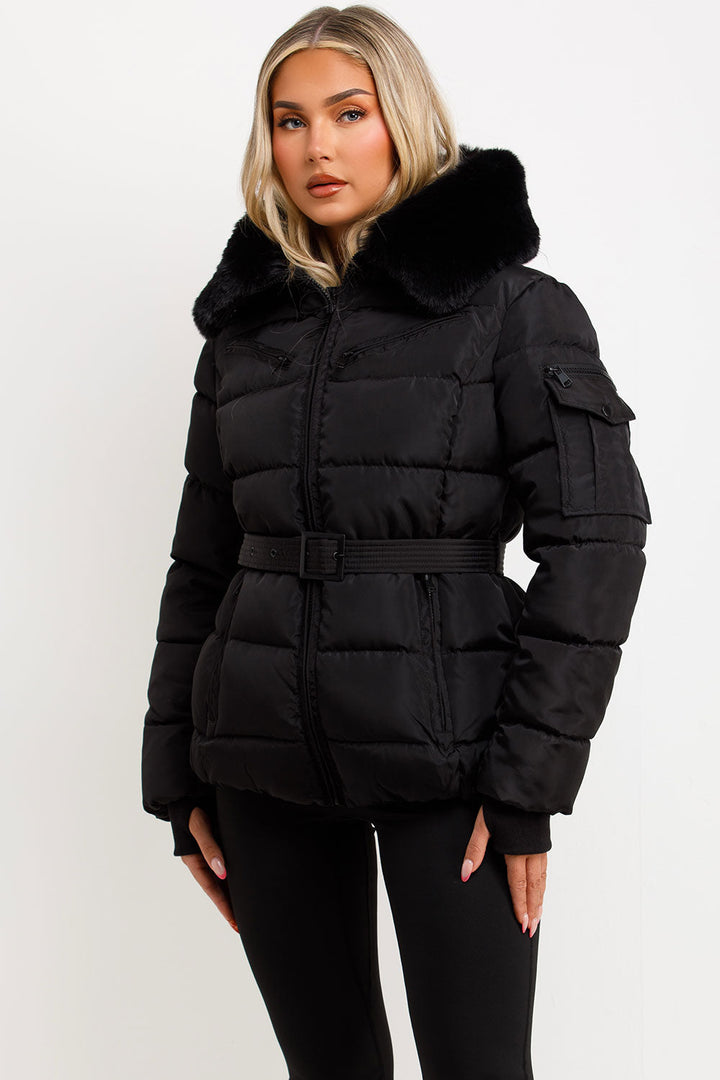 Jane | Women’s belted faux fur hooded puffer jacket