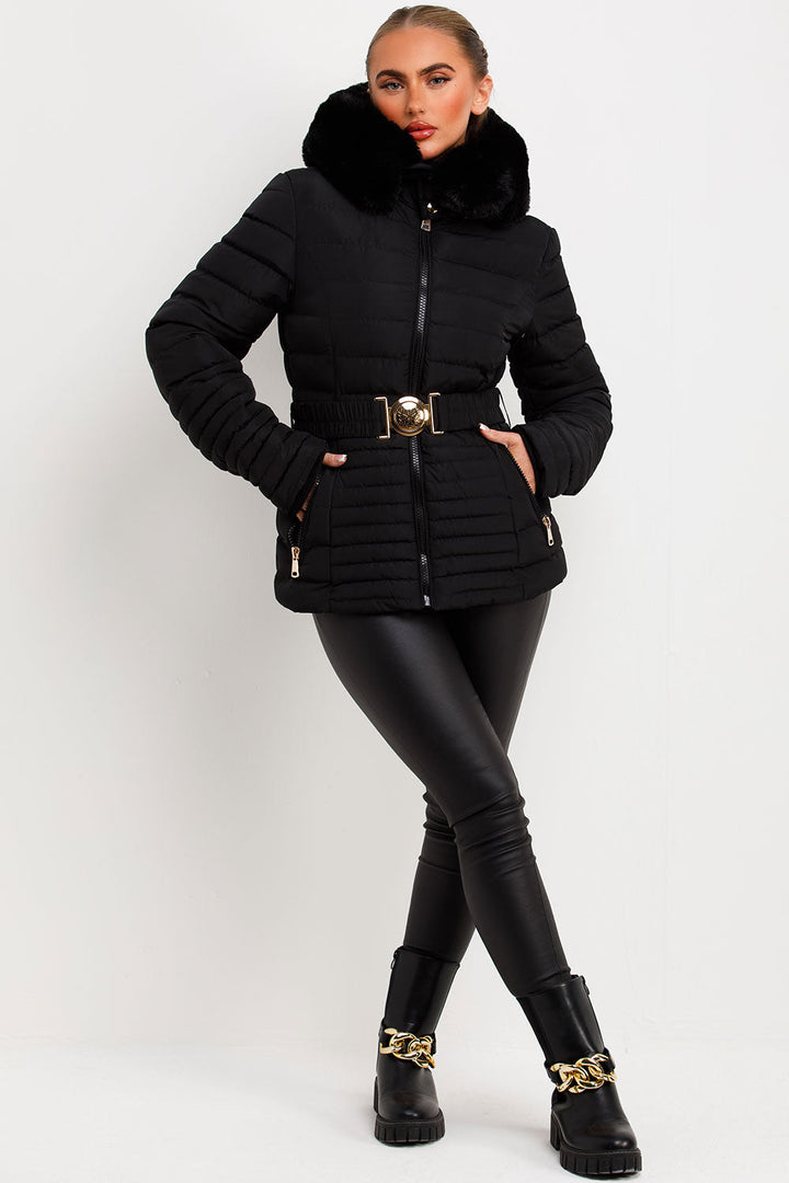 Ariel | Women’s faux fur hooded puffer jacket with gold belt