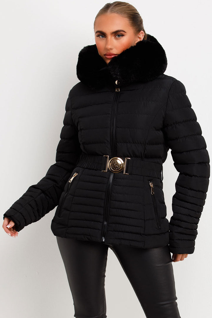 Ariel | Women’s faux fur hooded puffer jacket with gold belt