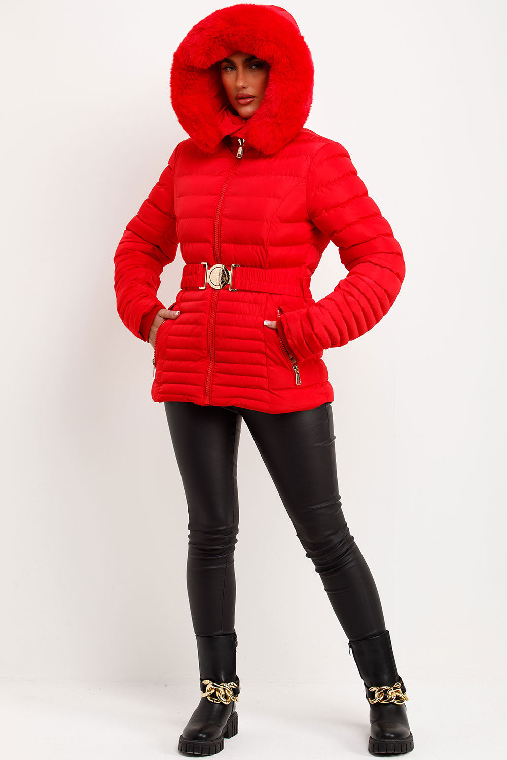 Megan | Women’s faux fur hooded puffer jacket with belt