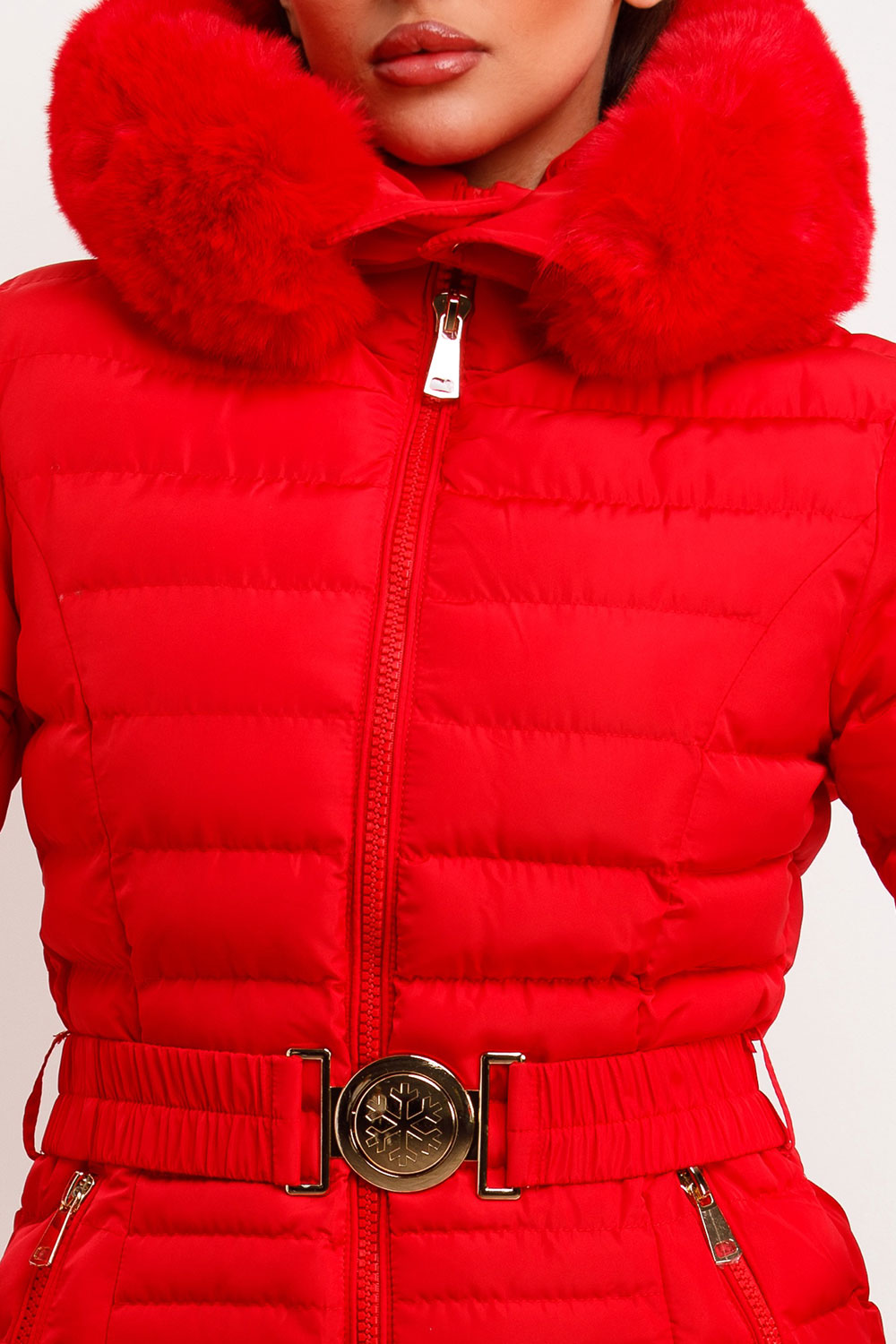 Megan | Women’s faux fur hooded puffer jacket with belt