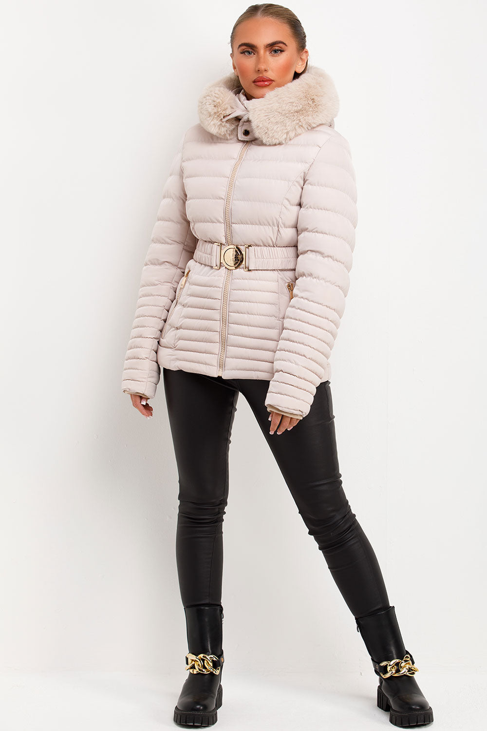 Penny | Women’s faux fur hooded puffer jacket with gold belt