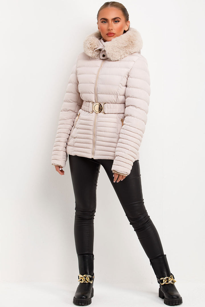Penny | Women’s faux fur hooded puffer jacket with gold belt