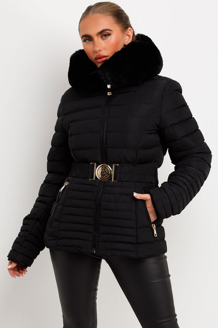 Ariel | Women’s faux fur hooded puffer jacket with gold belt