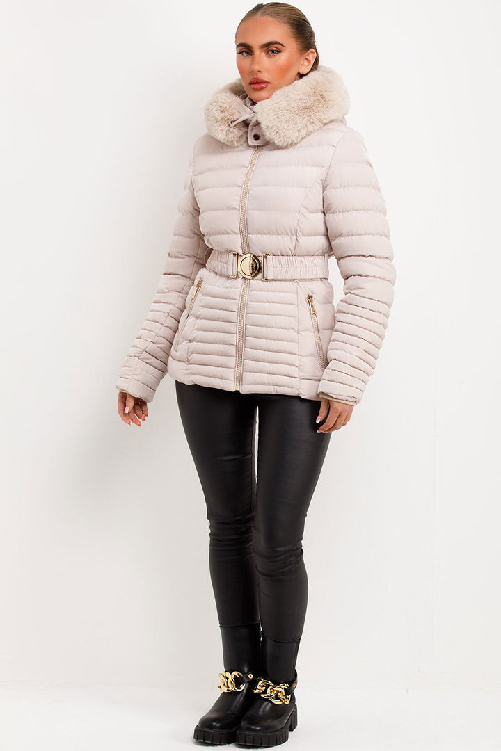 Penny | Women’s faux fur hooded puffer jacket with gold belt