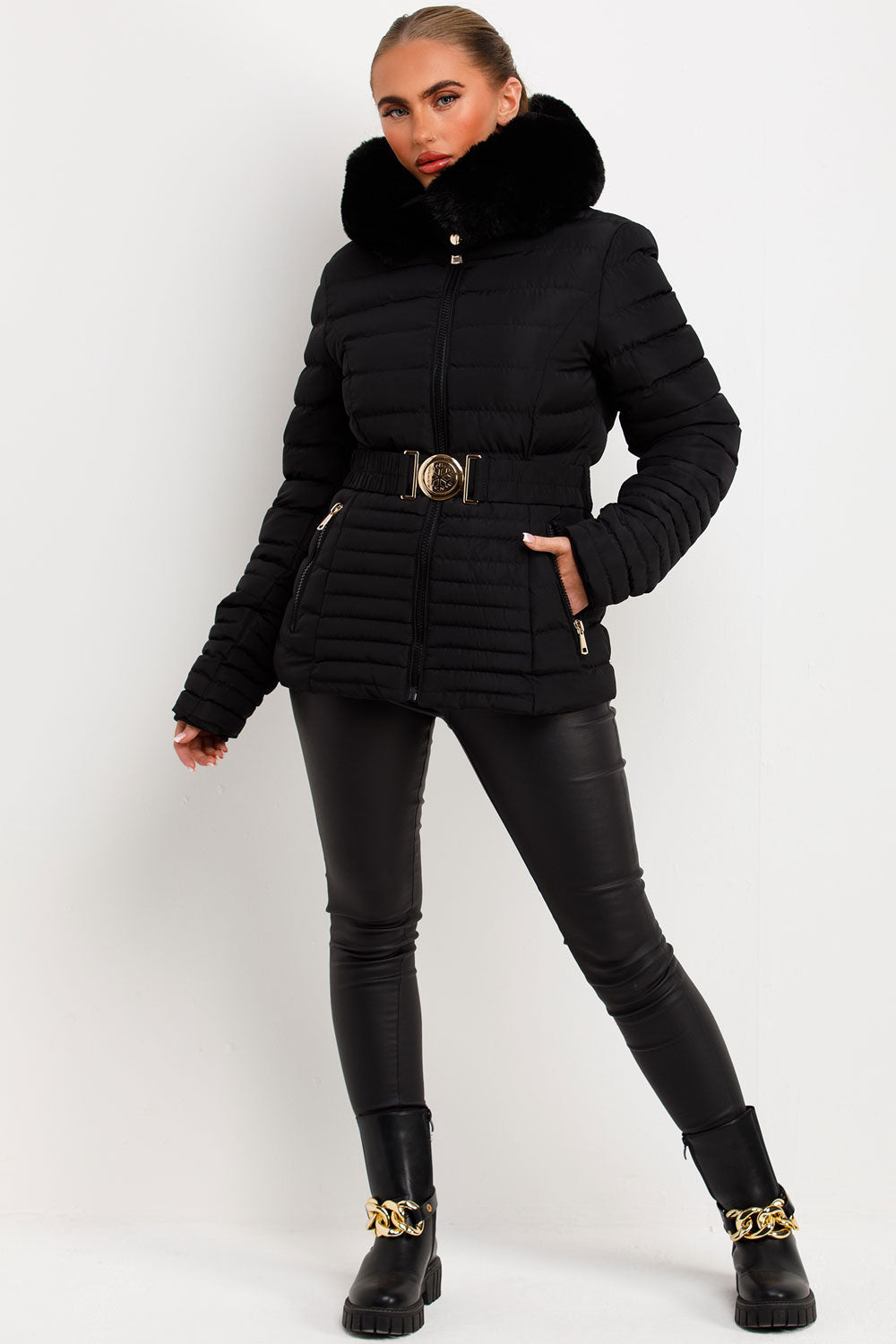 Ariel | Women’s faux fur hooded puffer jacket with gold belt