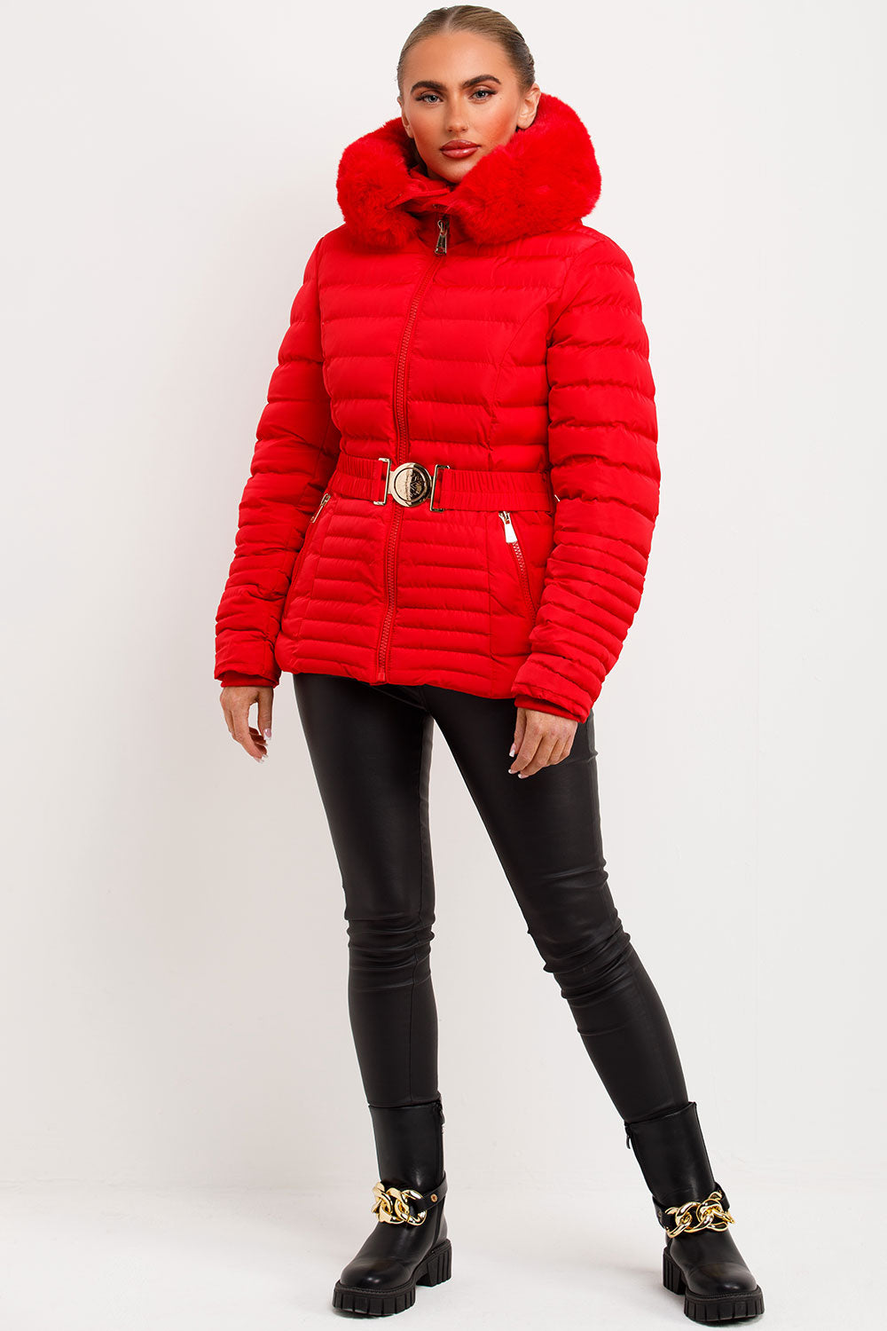 Megan | Women’s faux fur hooded puffer jacket with belt