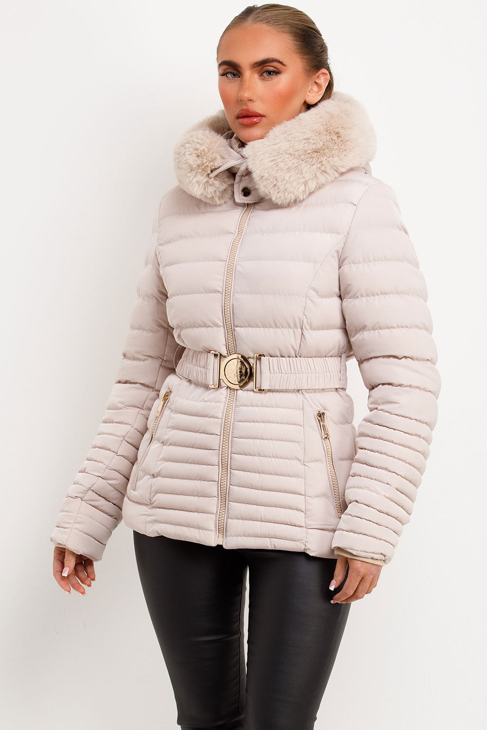 Penny | Women’s faux fur hooded puffer jacket with gold belt