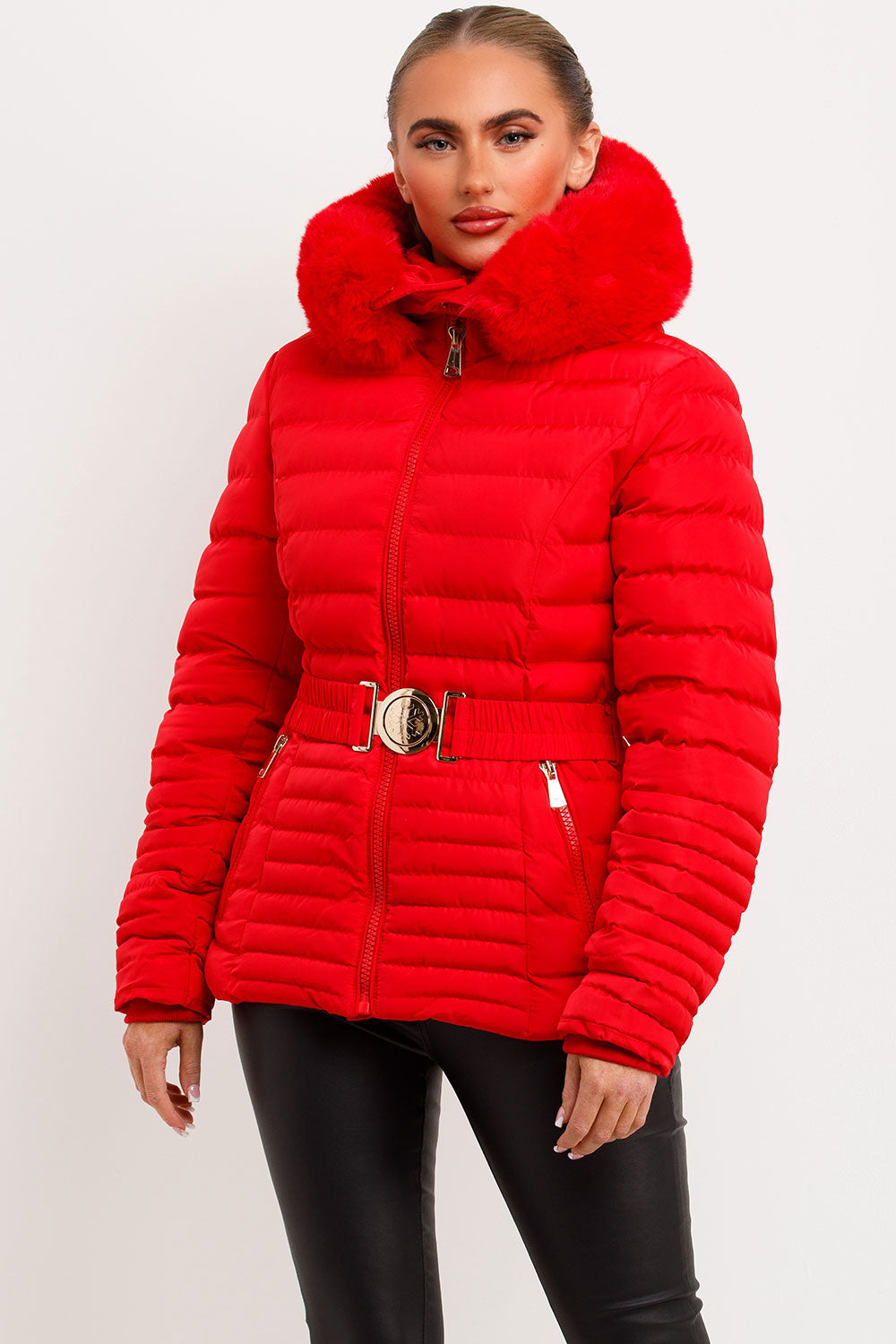 Megan | Women’s faux fur hooded puffer jacket with belt