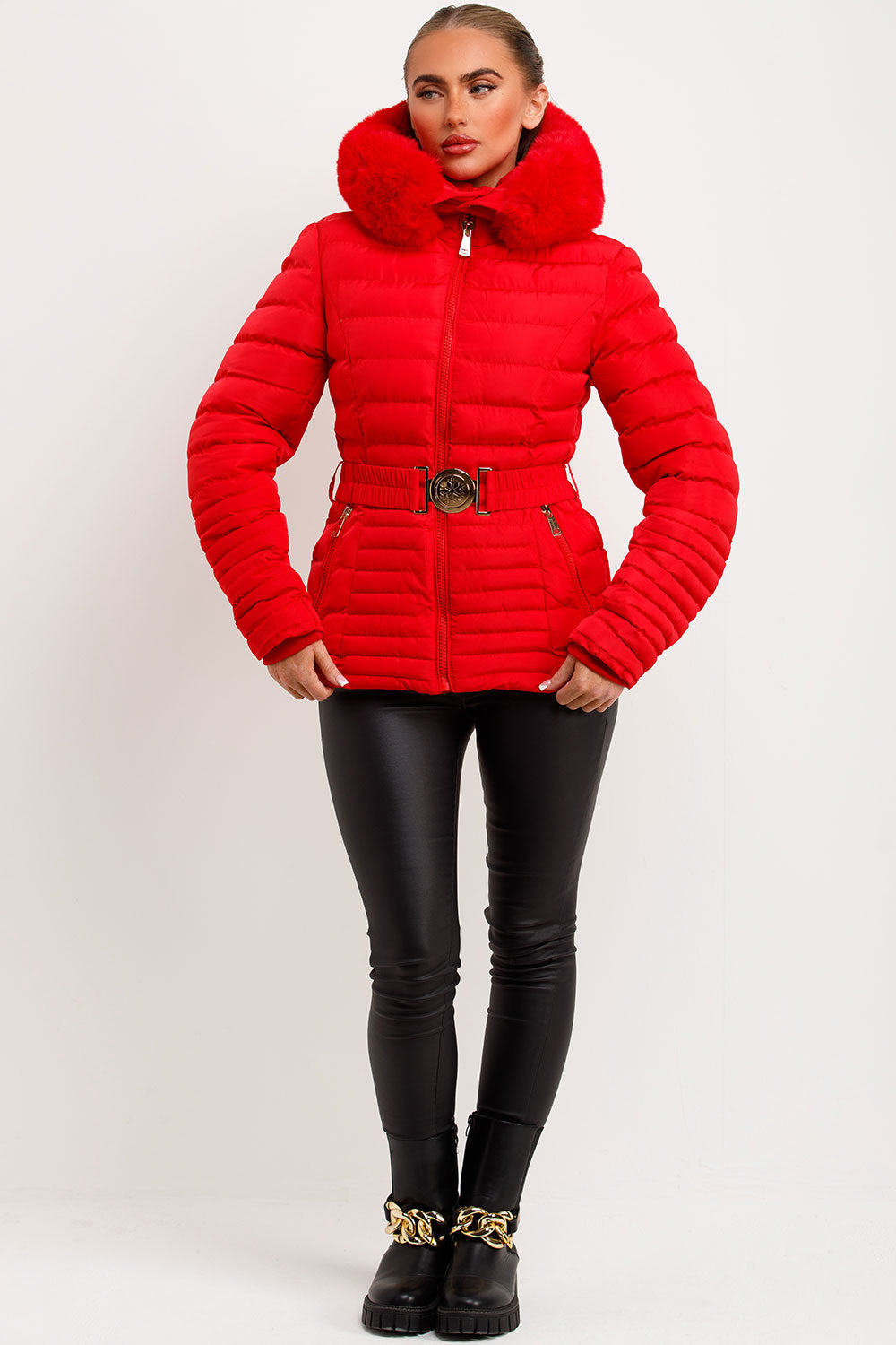 Megan | Women’s faux fur hooded puffer jacket with belt