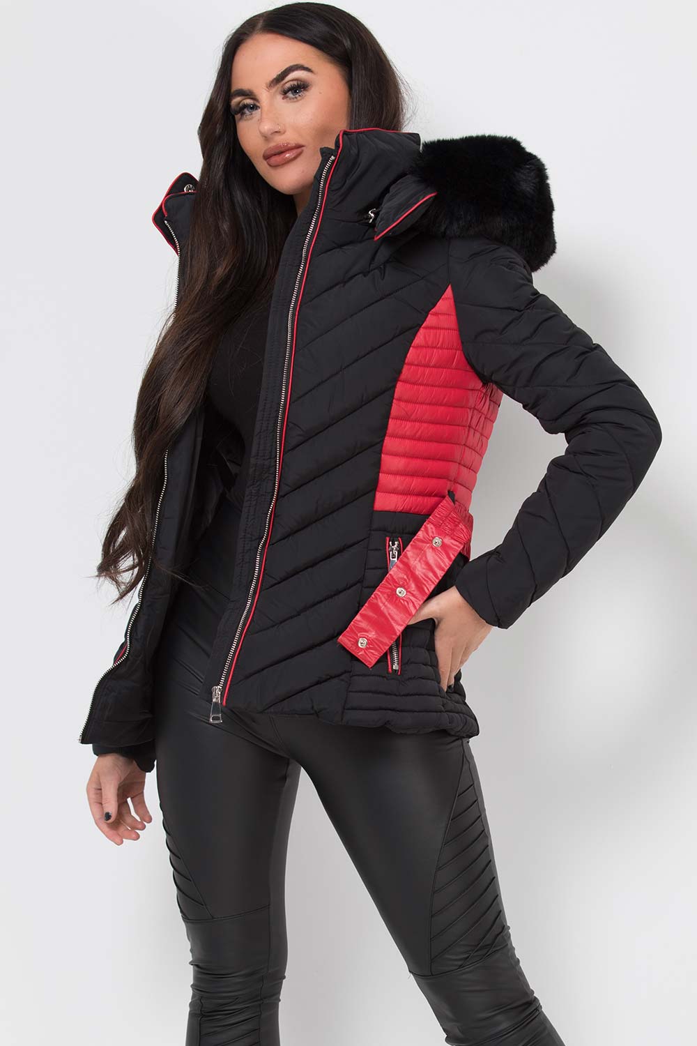 Karter | Women’s belted two-tone puffer jacket with luxe faux fur hood