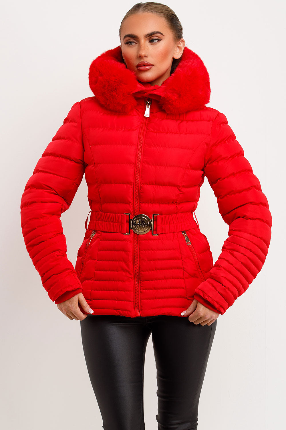 Megan | Women’s faux fur hooded puffer jacket with belt