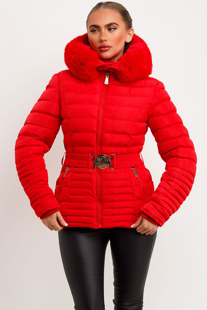Megan | Women’s faux fur hooded puffer jacket with belt