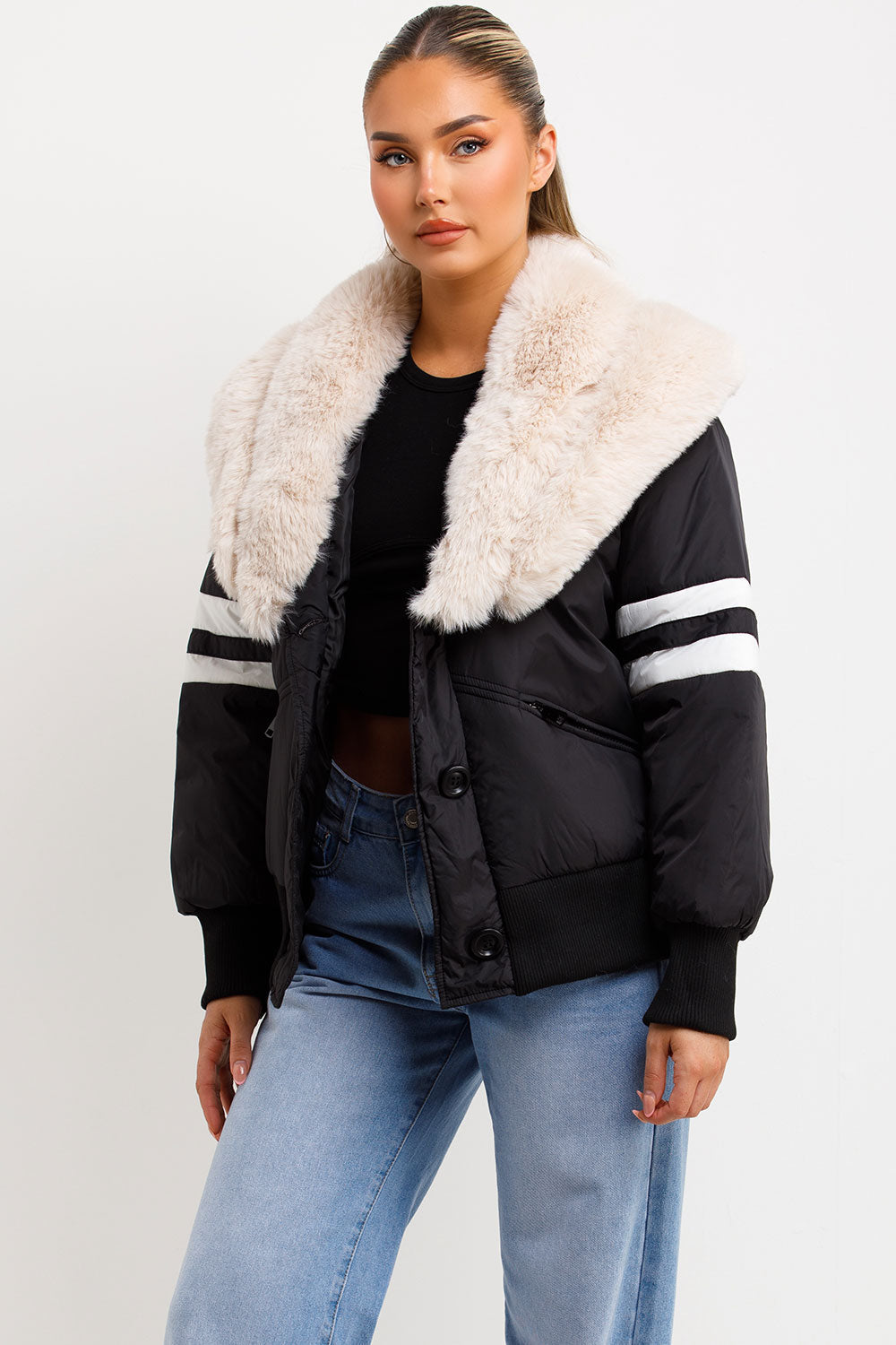 Zora | Women’s faux fur collar aviator bomber jacket