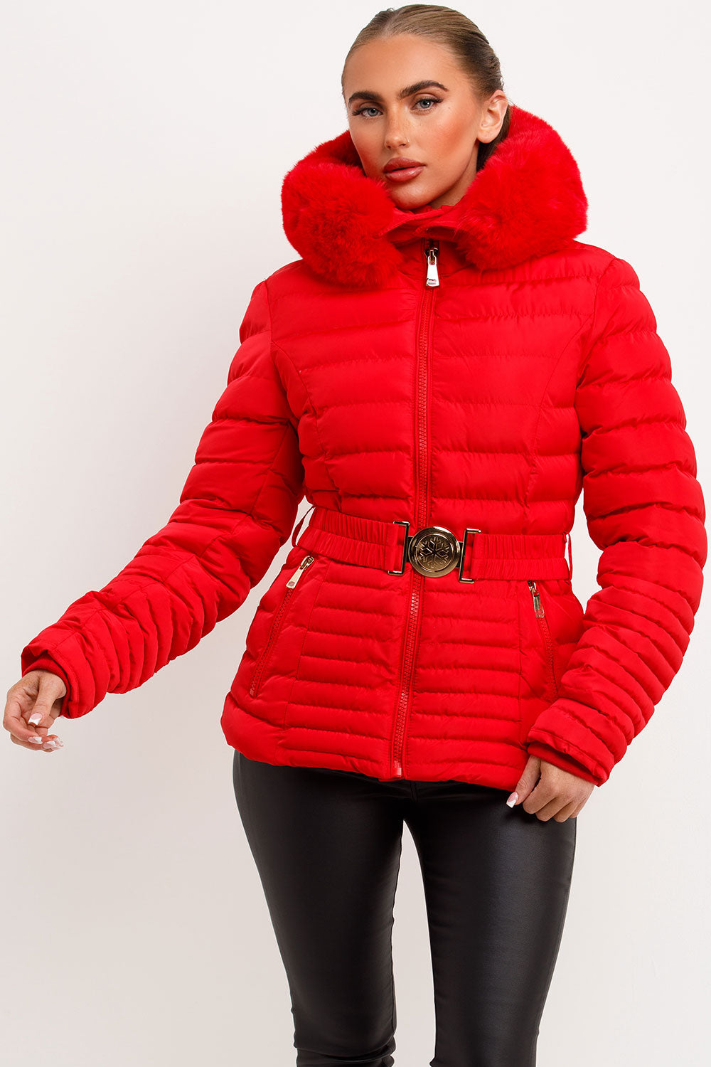 Megan | Women’s faux fur hooded puffer jacket with belt