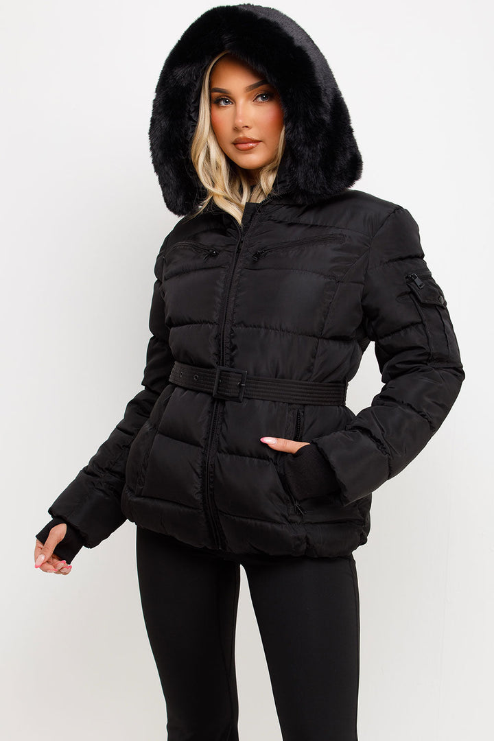Jane | Women’s belted faux fur hooded puffer jacket