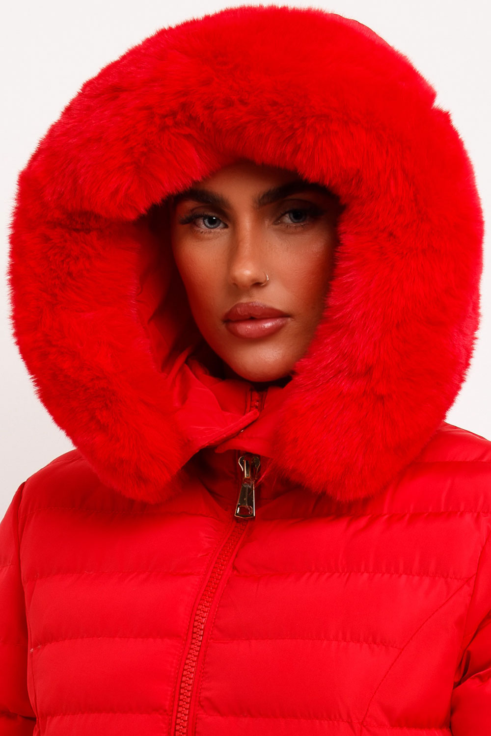 Megan | Women’s faux fur hooded puffer jacket with belt