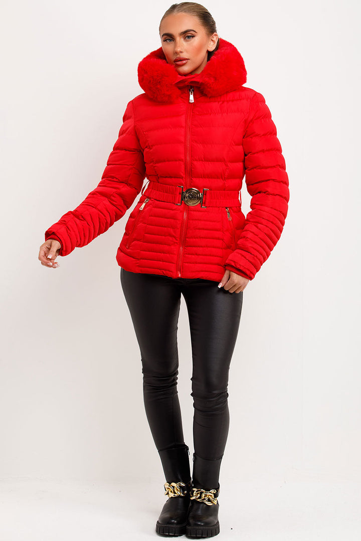 Megan | Women’s faux fur hooded puffer jacket with belt