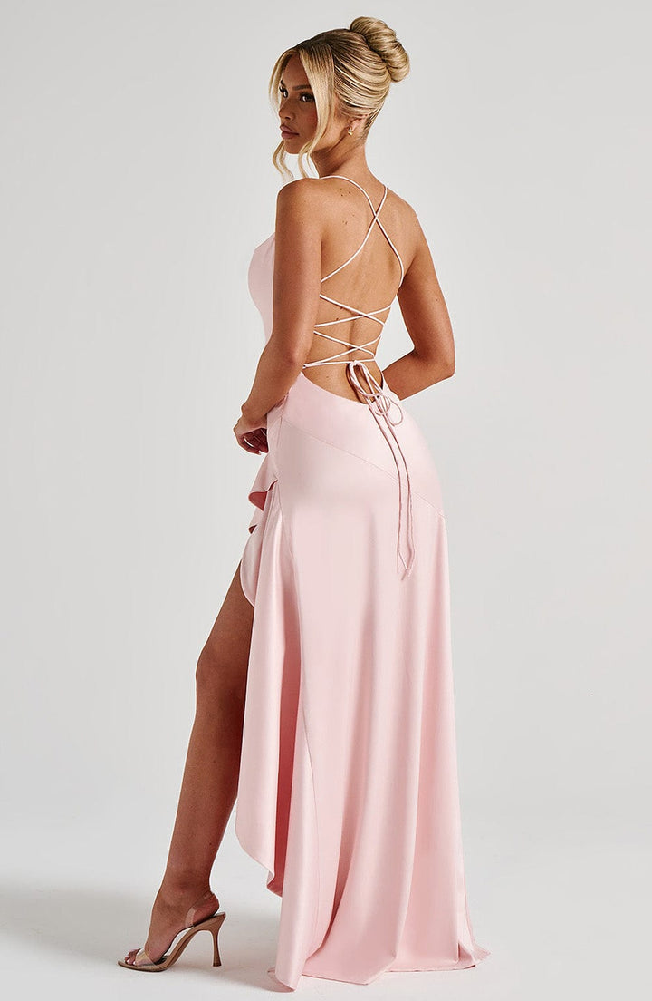 Sammy | Women’s satin maxi dress with cowl neckline and lace-up back