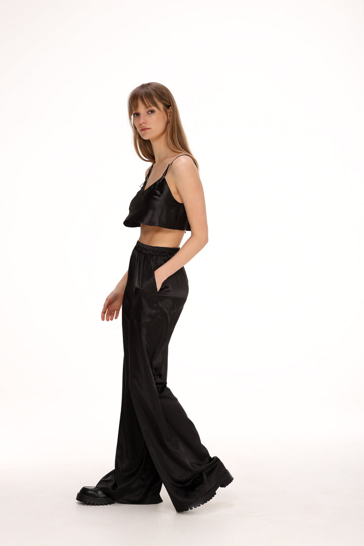 Melly | Women’s satin trousers with elastic waistband and relaxed fit