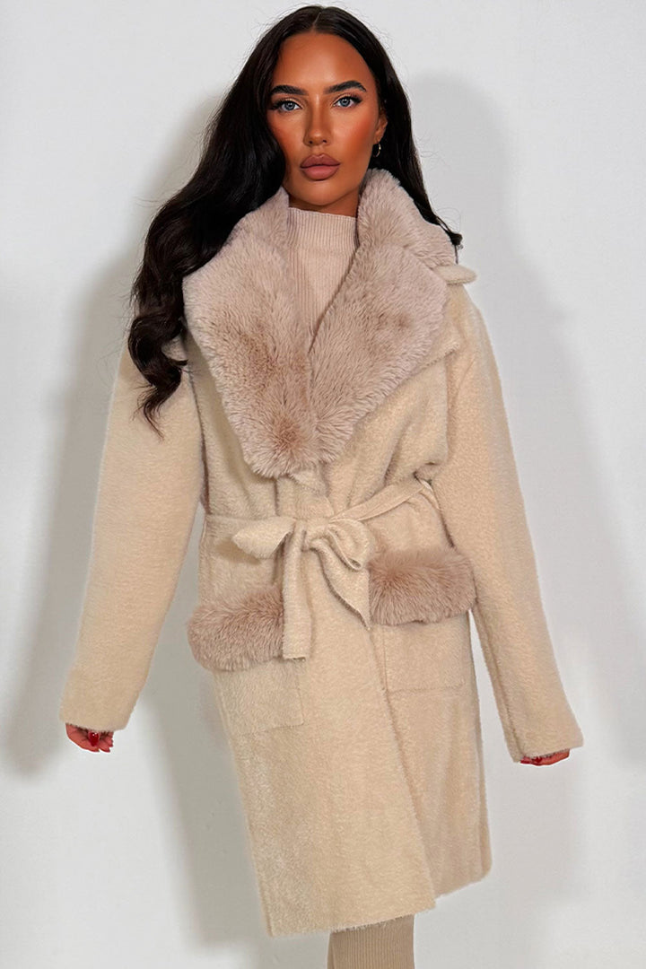 Alayna | Women’s belted coat with faux fur collar and cuffs