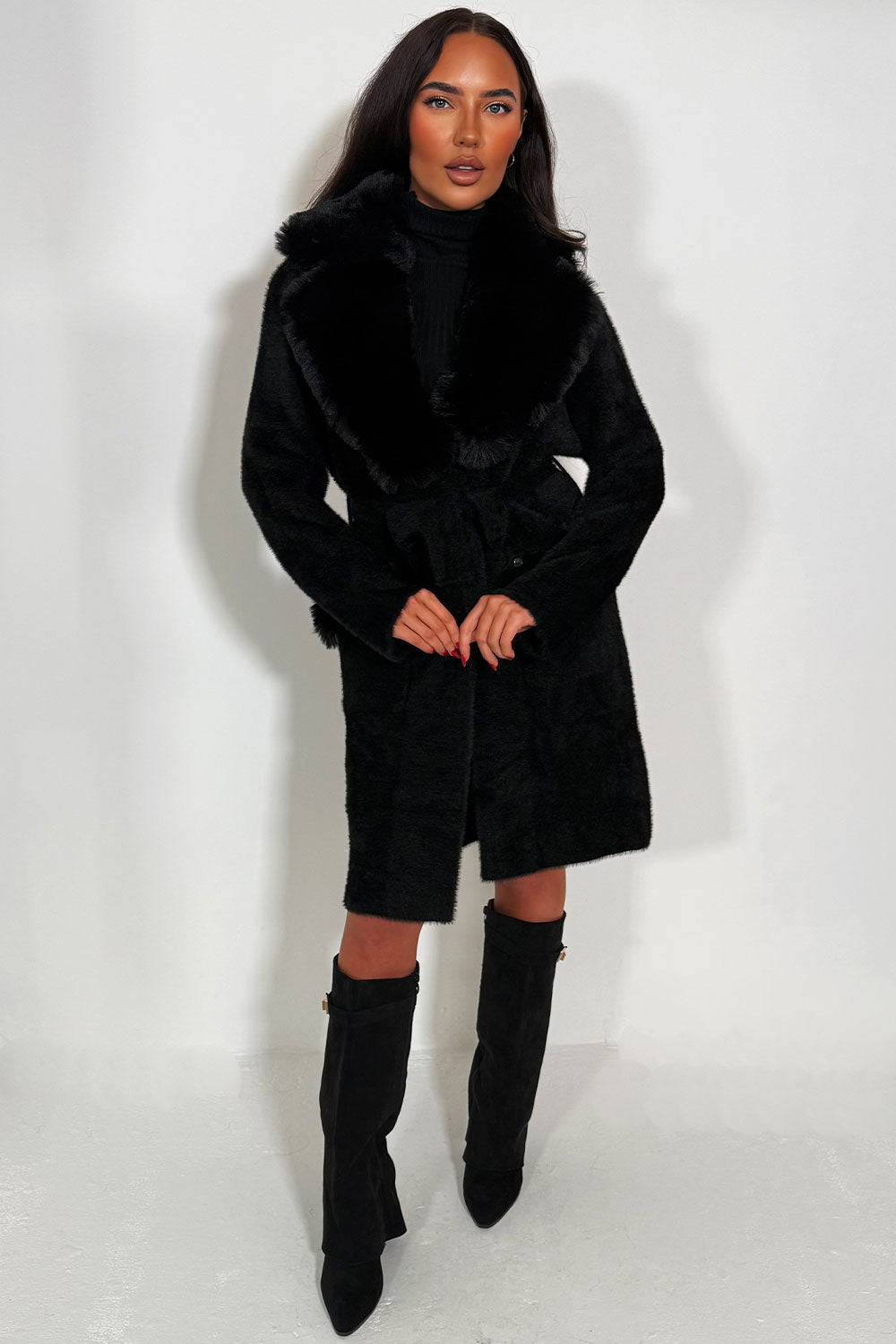 Angelina | Women’s black belted coat with faux fur collar