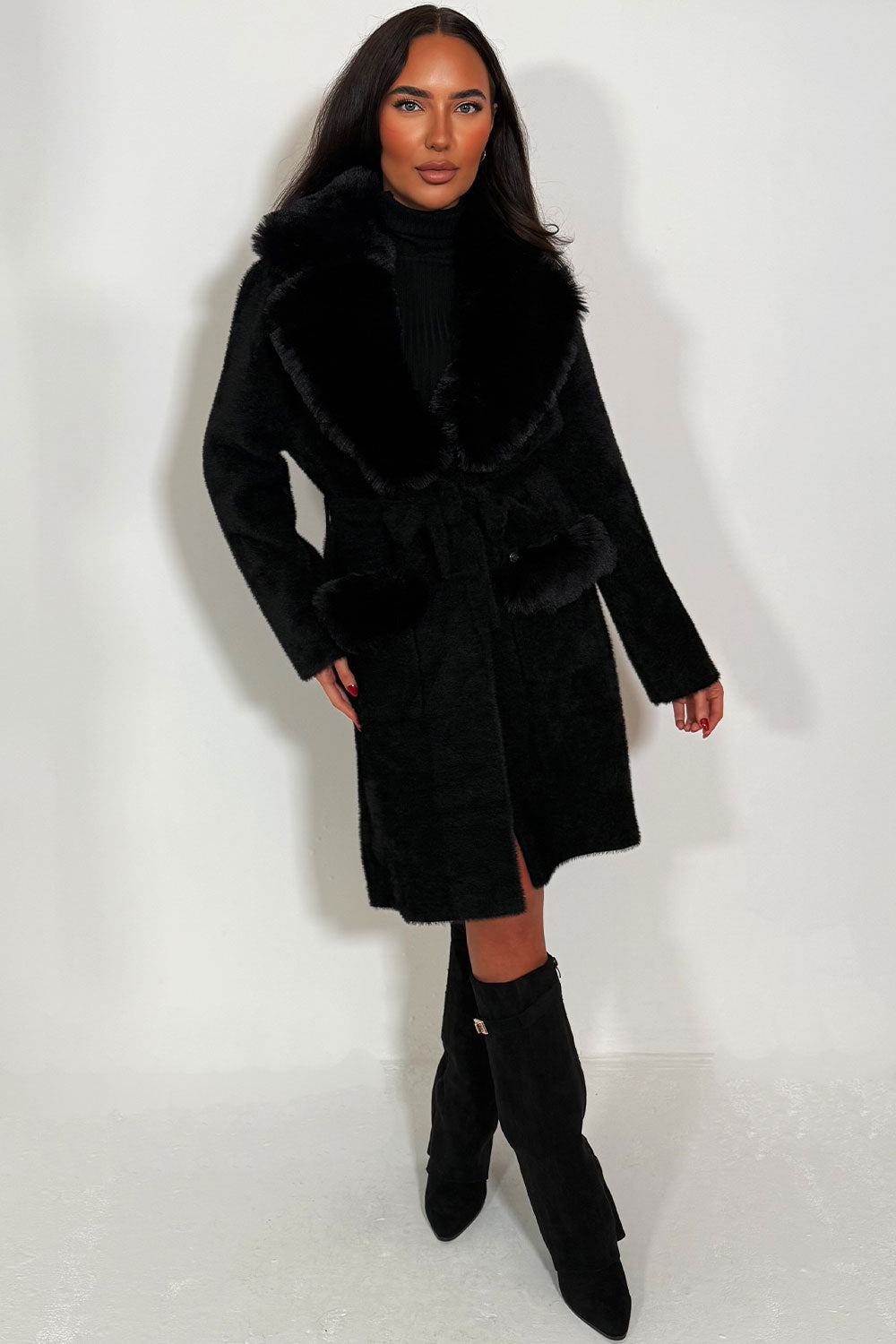 Angelina | Women’s black belted coat with faux fur collar