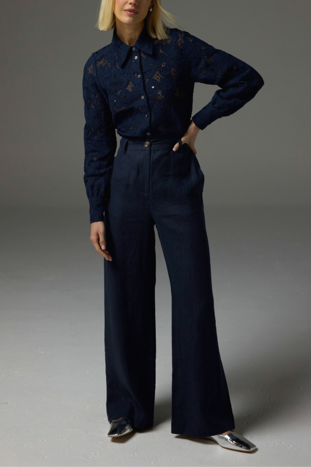Wennie | Women’s lace collared polo blouse with button-down front