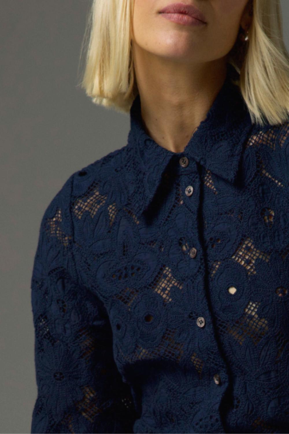 Wennie | Women’s lace collared polo blouse with button-down front