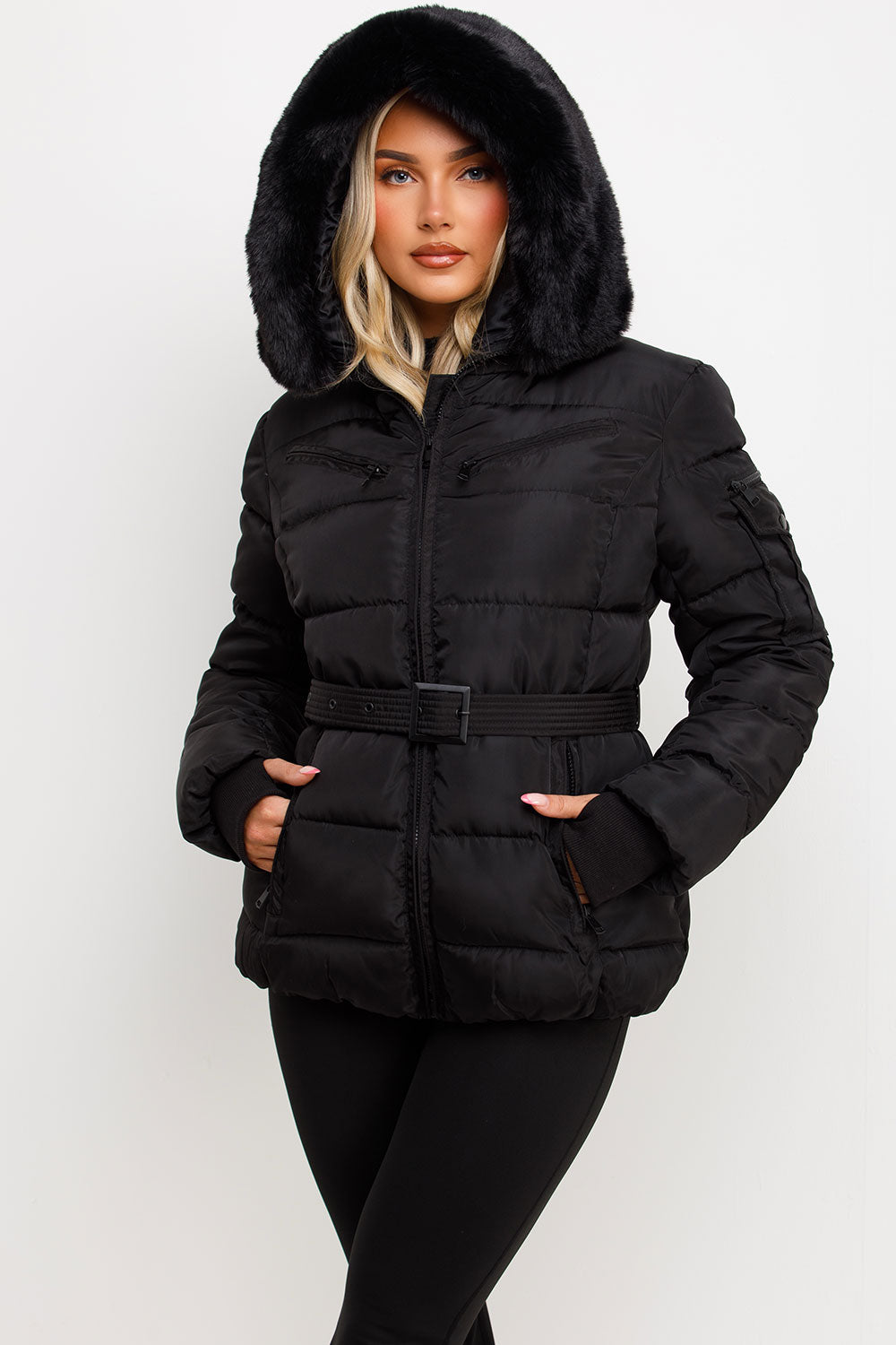 Jane | Women’s belted faux fur hooded puffer jacket